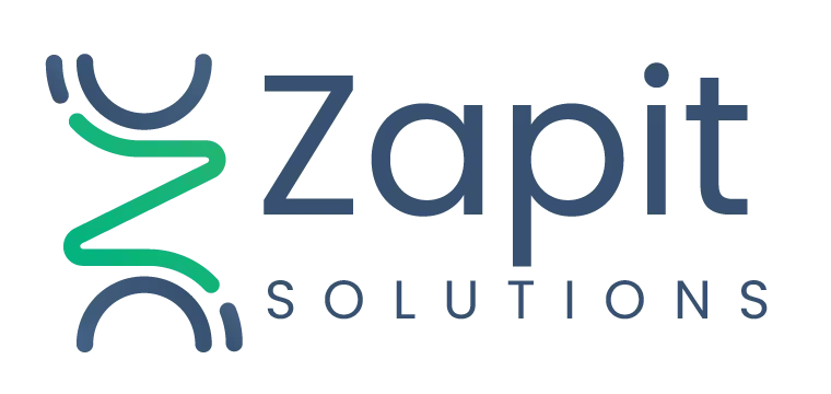 Logo of Zapit Solutions, featuring a stylized letter 'Z' with two curved lines above and below the text, which is written in a clean, modern sans-serif font. The company name 'Zapit' is in a larger font size with 'Solutions' underneath it. The color scheme includes shades of teal and dark grey on a white background.