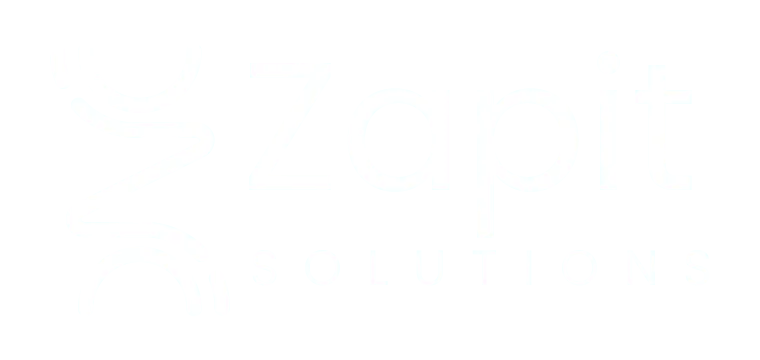 Logo of Zapit Solutions, featuring a stylized letter 'Z' with two curved lines above and below the text, which is written in a clean, modern sans-serif font. The company name 'Zapit' is in a larger font size with 'Solutions' underneath it. The color scheme is white on a transparent background.