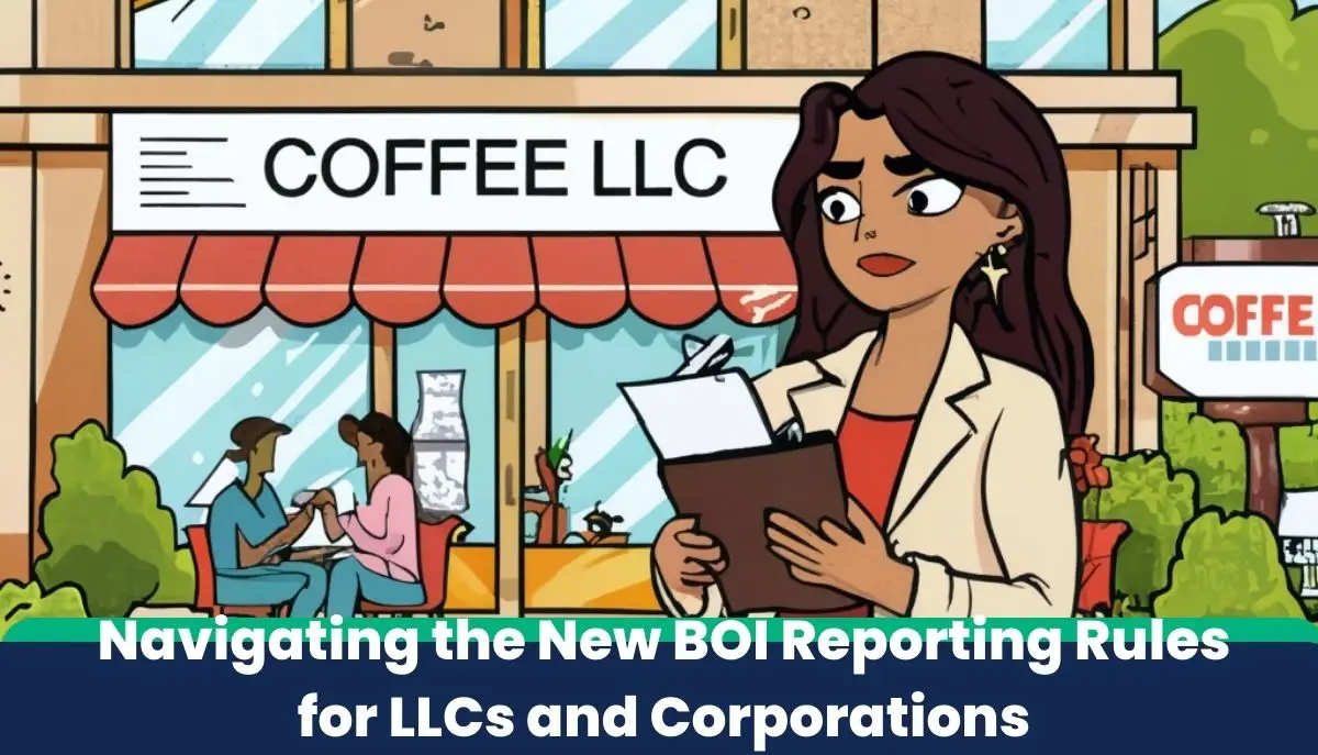 An animated image featuring a professional woman with brown hair and a white blazer, looking surprised while holding a notepad outside a 'COFFEE LLC' shop. Inside, two people are engaged in a discussion. The image includes the text 'Navigating the New BOI Reporting Rules for LLCs and Corporations' overlaid at the top.